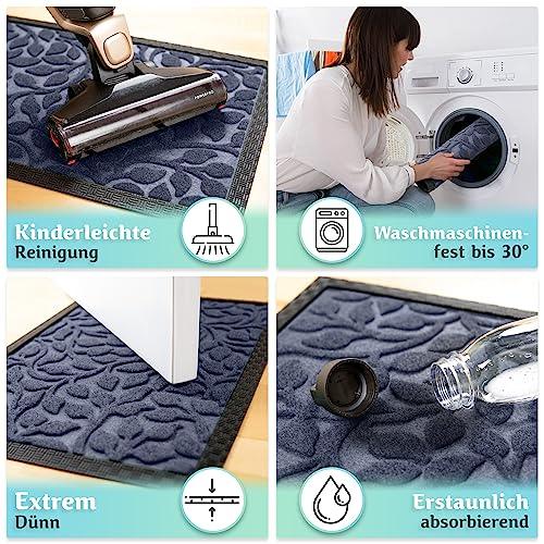 Die Fußmatte ist leicht zu reinigen, waschmaschinenfest bis 30 Grad, extrem dünn und nimmt verschüttete Flüssigkeiten zuverlässig auf.