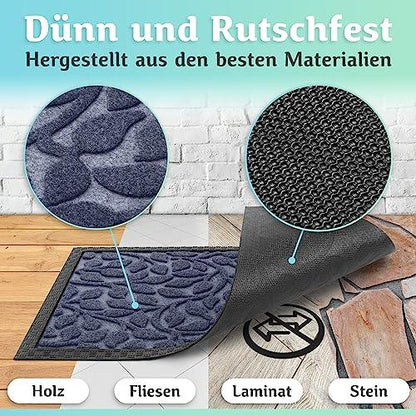 Die dünne und rutschfeste Fußmatte bietet sicheren Halt auf Holz, Fliesen, Laminat und Stein und besteht aus hochwertigen Materialien.