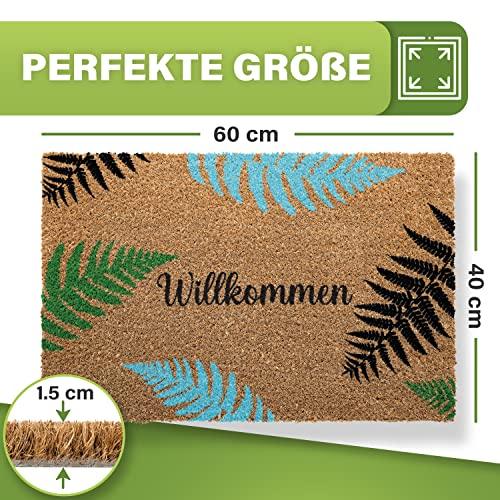 Perfekte Größe der Fussmatte: 60x40 cm, 1,5 cm dick. Kokos-Material mit Blattmuster.