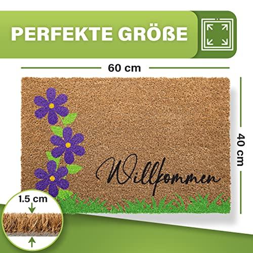 Lila/violette Kokos-Fußmatte "Willkommen" mit Blumen, Maßen 60x40 cm und 1,5 cm Florhöhe. Perfekte Größe für den Eingang