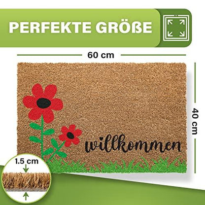 Kokos-Fußmatte "Willkommen" mit roten Blumen und den Maßen 60x40 cm und einer Florhöhe von 1,5 cm.