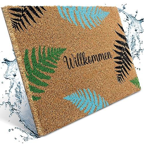 Kokos-Fussmatte "Willkommen" mit Blatt-Motiv in Schwarz, Grün, Türkis. Für Haustür oder Terrasse.