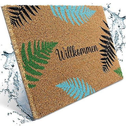 Kokos-Fussmatte "Willkommen" mit Blatt-Motiv in Schwarz, Grün, Türkis. Für Haustür oder Terrasse.