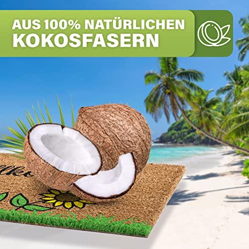 Natürliche Kokos-Fußmatte mit Sonnenblumen-Motiv und Kokosnüssen. Hergestellt aus 100% natürlichen Kokosfasern.