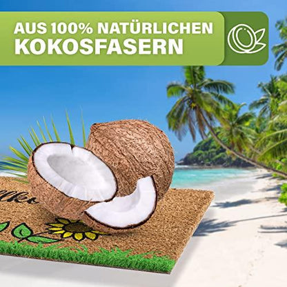 Natürliche Kokos-Fußmatte mit Sonnenblumen-Motiv und Kokosnüssen. Hergestellt aus 100% natürlichen Kokosfasern.