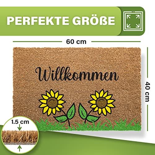 Kokos-Fußmatte mit Sonnenblumen-Motiv und dem Schriftzug "Willkommen". Maße 60x40 cm und 1,5 cm Florhöhe.