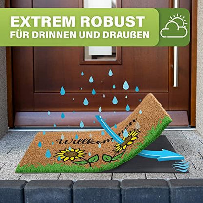 Extrem robuste und wasserfeste Kokos-Fußmatte mit Sonnenblumen-Motiv. Ideal für den Einsatz drinnen und draußen geeignet.