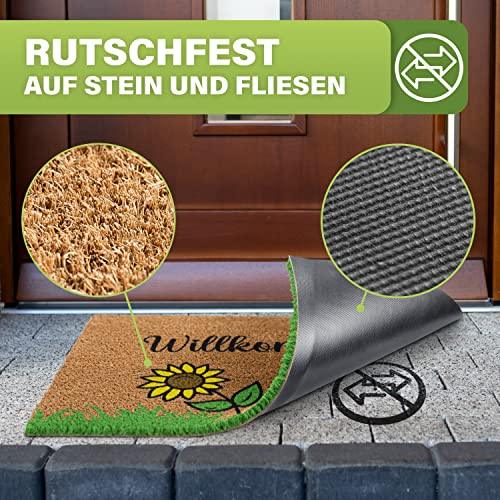 Kokos-Fußmatte mit Sonnenblumen-Motiv. Rutschfeste Gummi-Unterseite, ideal für Stein und Fliesen im Eingangsbereich.