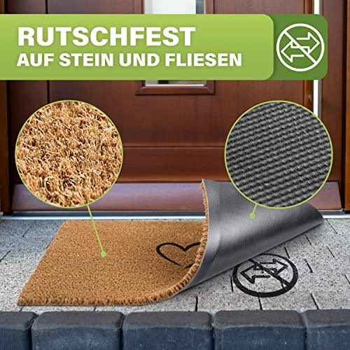 Die Unterseite der Kokosmatte mit Herz ist rutschfest und garantiert sicheren Halt auf Stein und Fliesen.