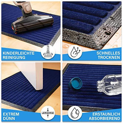 Blaue Tuermatte mit saugfaehiger Struktur, schnellem Trocknen, einfacher Reinigung und extra duennem Aufbau.