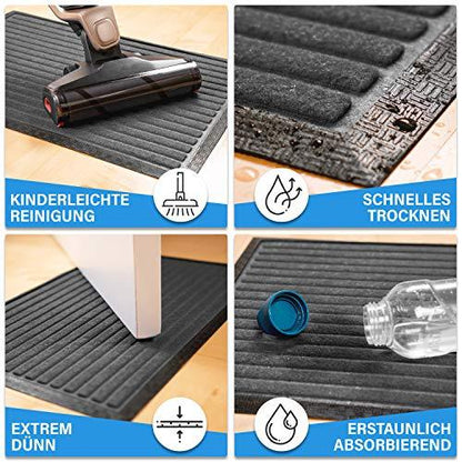 Schmutzfangmatte zeigt schnelle Trocknung, starke Absorption, leichte Reinigung und duennes Profil fuer Innenbereiche.
